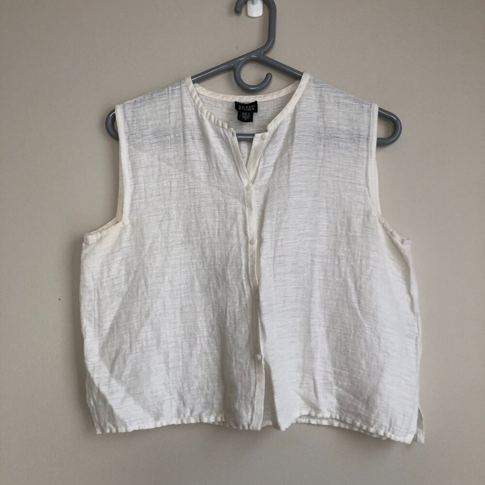 EILEEN FISHER White Linen Blend Sleeve less Button Down Blouse